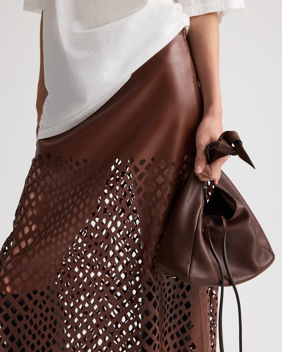 TWP Cigar The A-Line Skirt with Laser Cut in Bruins Leather view 3