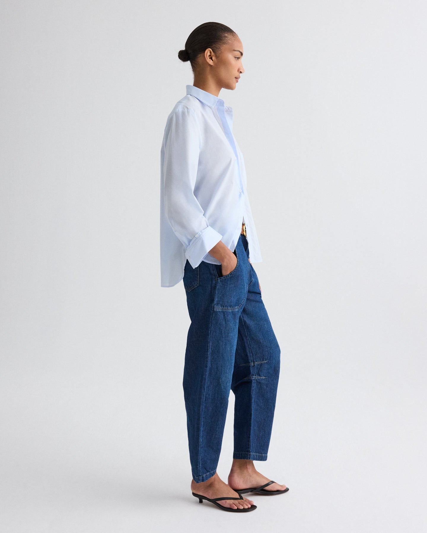 TWP Dark wash Jetties Beach Pant in Linen Cotton Denim view 3