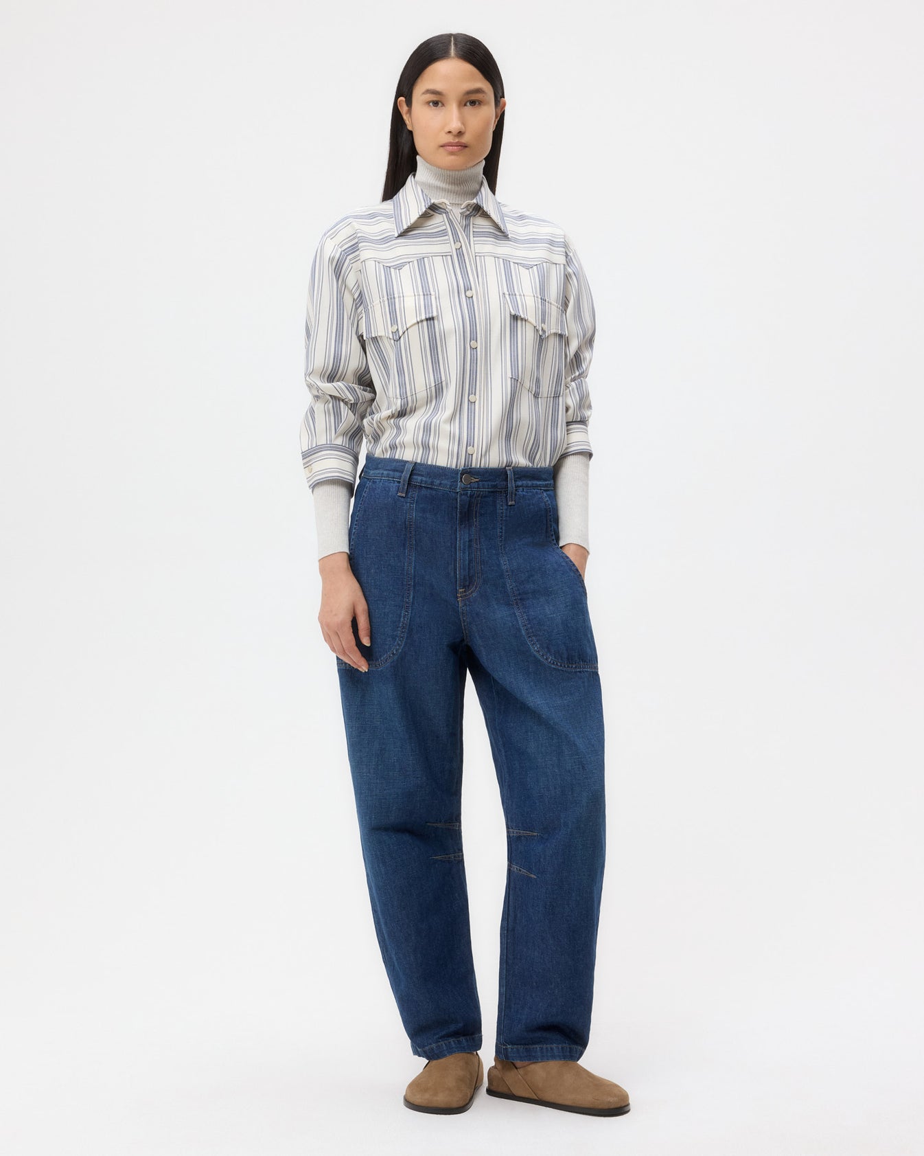 TWP Dark wash Jetties Beach Pant in Linen Cotton Denim view 2