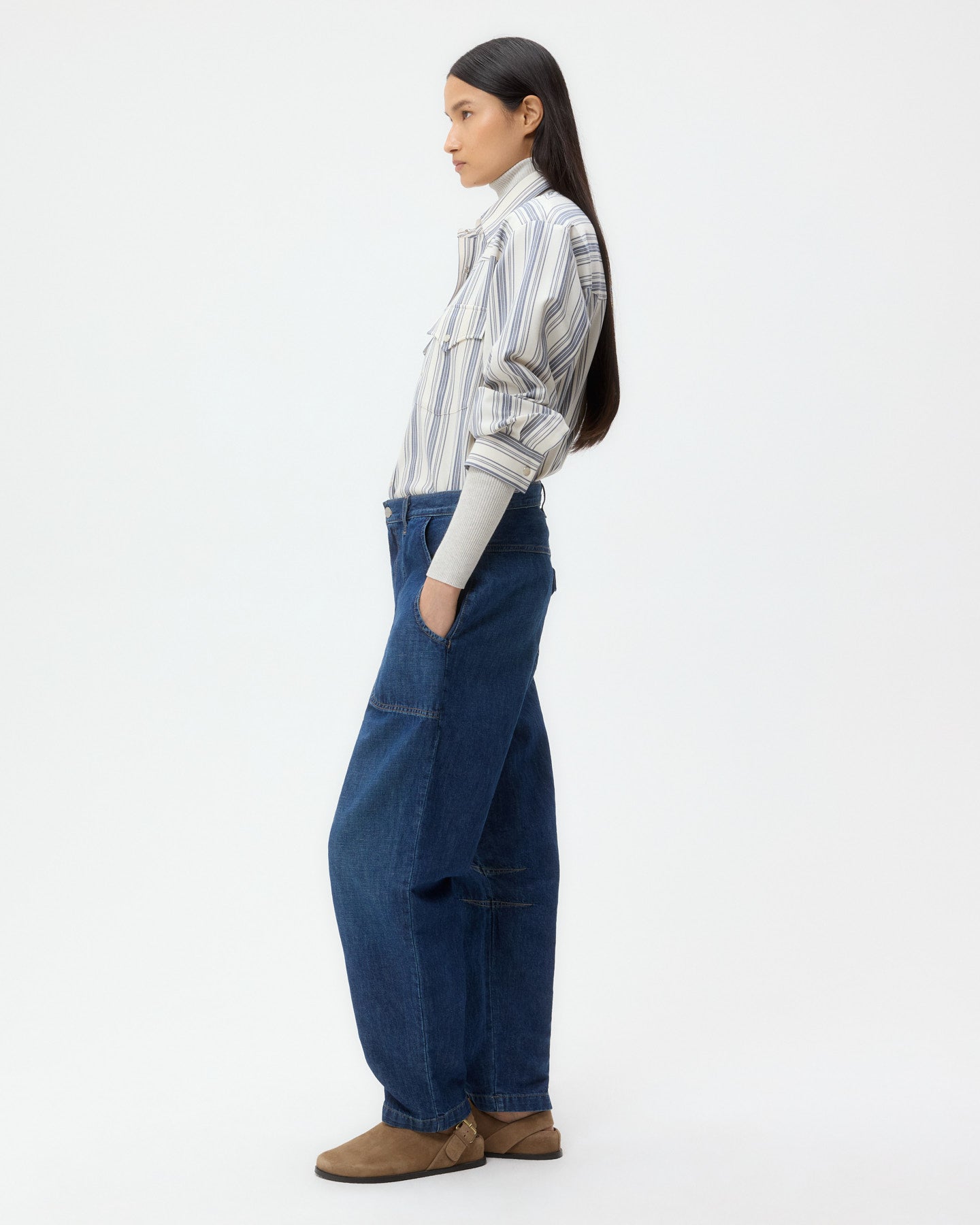 TWP Dark wash Jetties Beach Pant in Linen Cotton Denim view 3