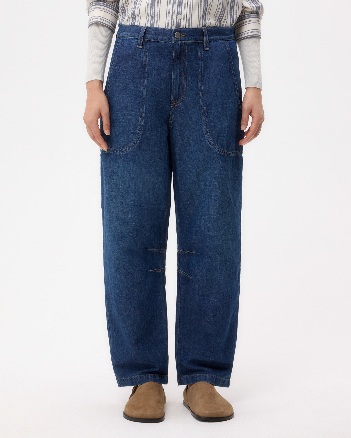 TWP Dark wash Jetties Beach Pant in Linen Cotton Denim view 1