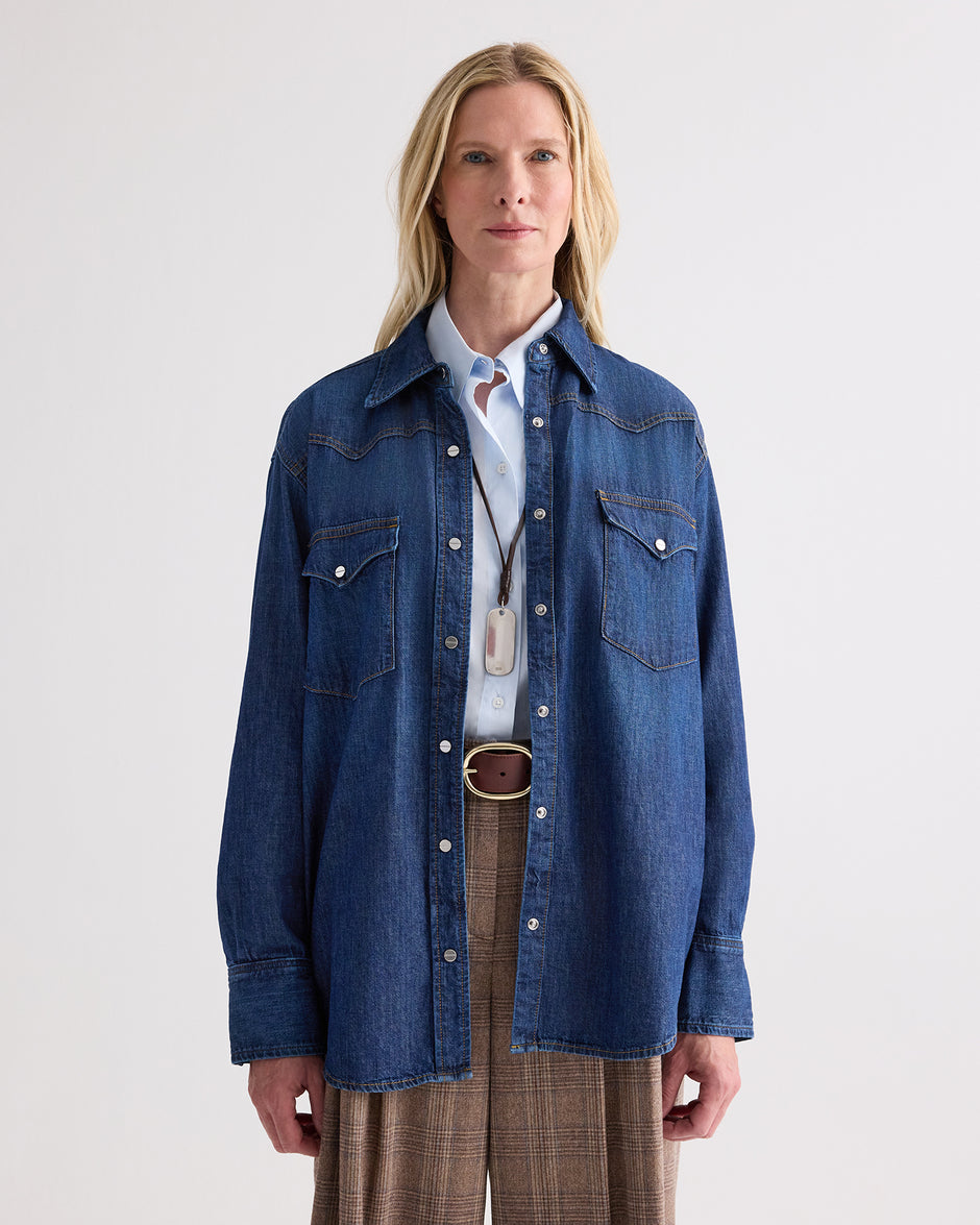 TWP Dark wash OG Supersized Ranchers Shirt in Denim Shirting view 3