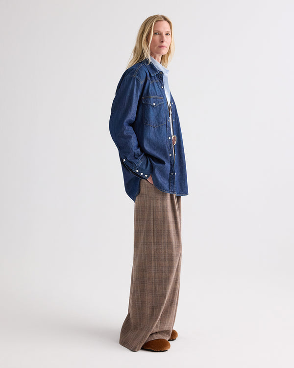 TWP Dark wash OG Supersized Ranchers Shirt in Denim Shirting view 1