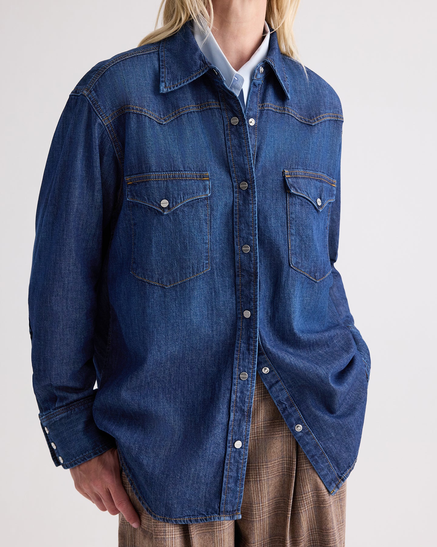 TWP Dark wash OG Supersized Ranchers Shirt in Denim Shirting view 2