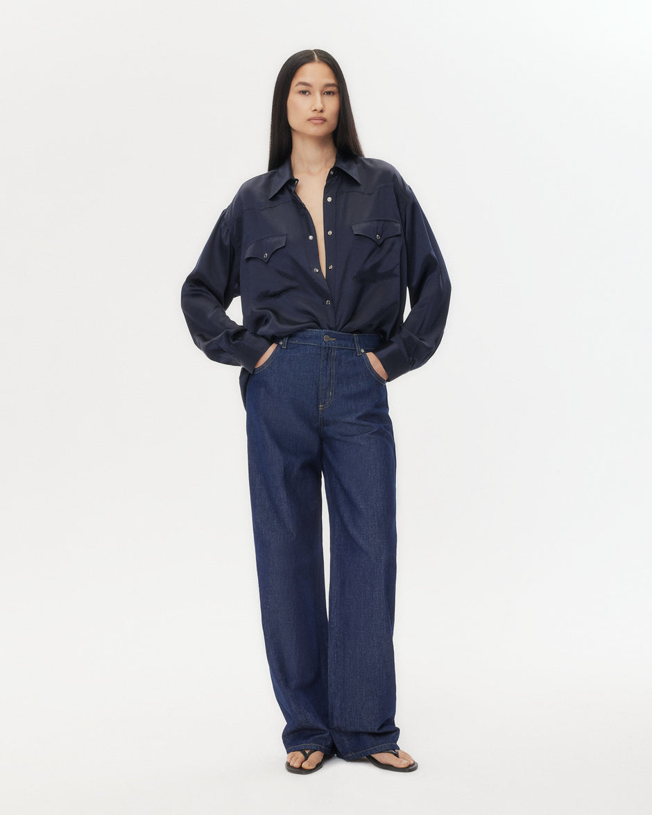 TWP Indigo resin Easy Boy Pant in Linen Cotton Denim view 4