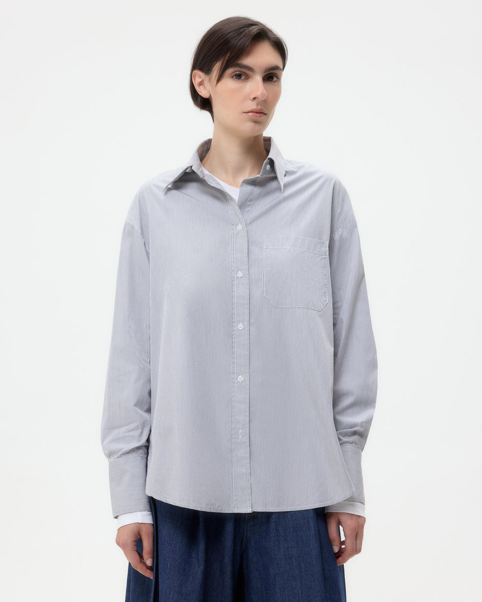 TWP White / grey Big Joe Shirt in Superfine Cotton Mini Stripe view 1