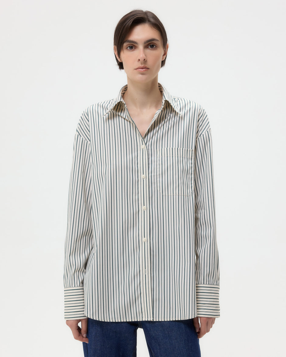 TWP Ivory/cilantro Big Joe Shirt in Dancing Striped Cotton Shirting view 1