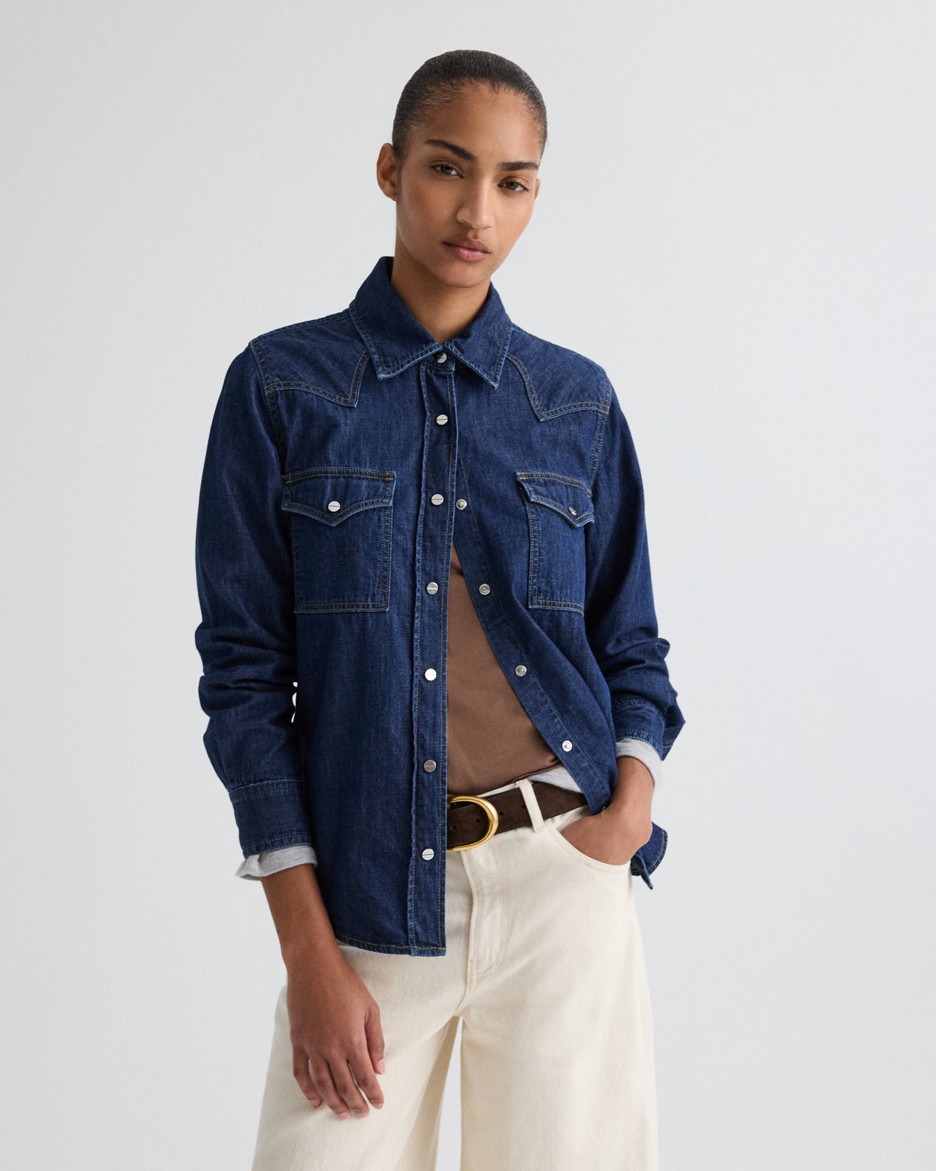 TWP Dark stone Cowboy Take Me Away Shirt in Denim Shirting view 1