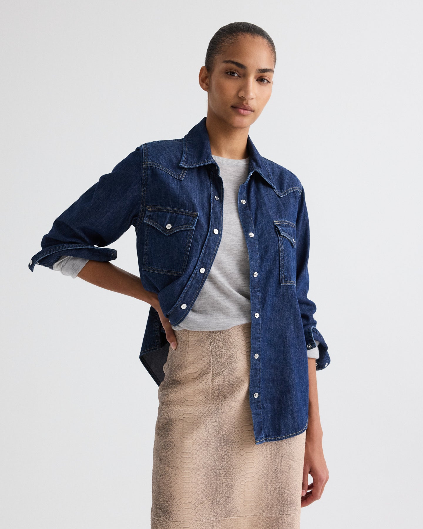 TWP Dark stone Cowboy Take Me Away Shirt in Denim Shirting view 7