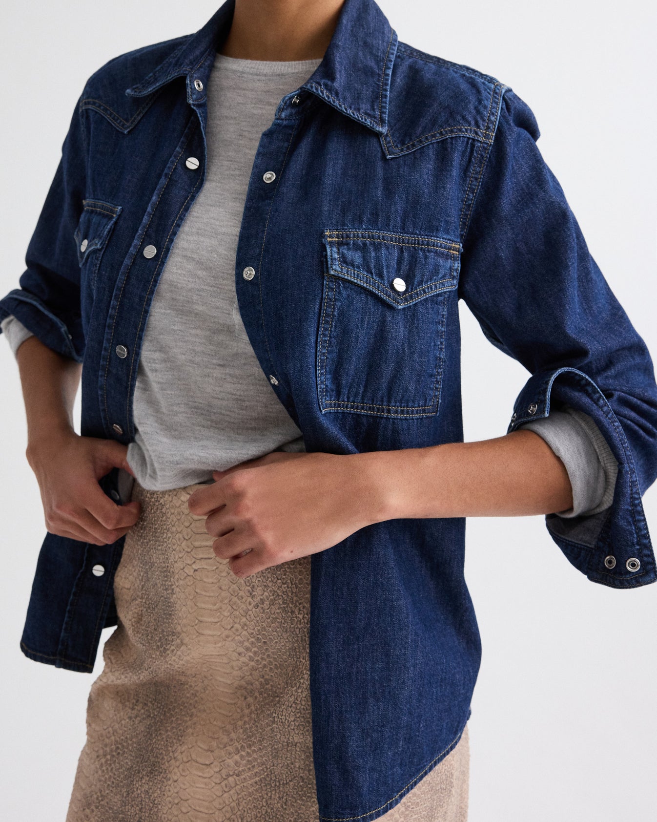 TWP Dark stone Cowboy Take Me Away Shirt in Denim Shirting view 6