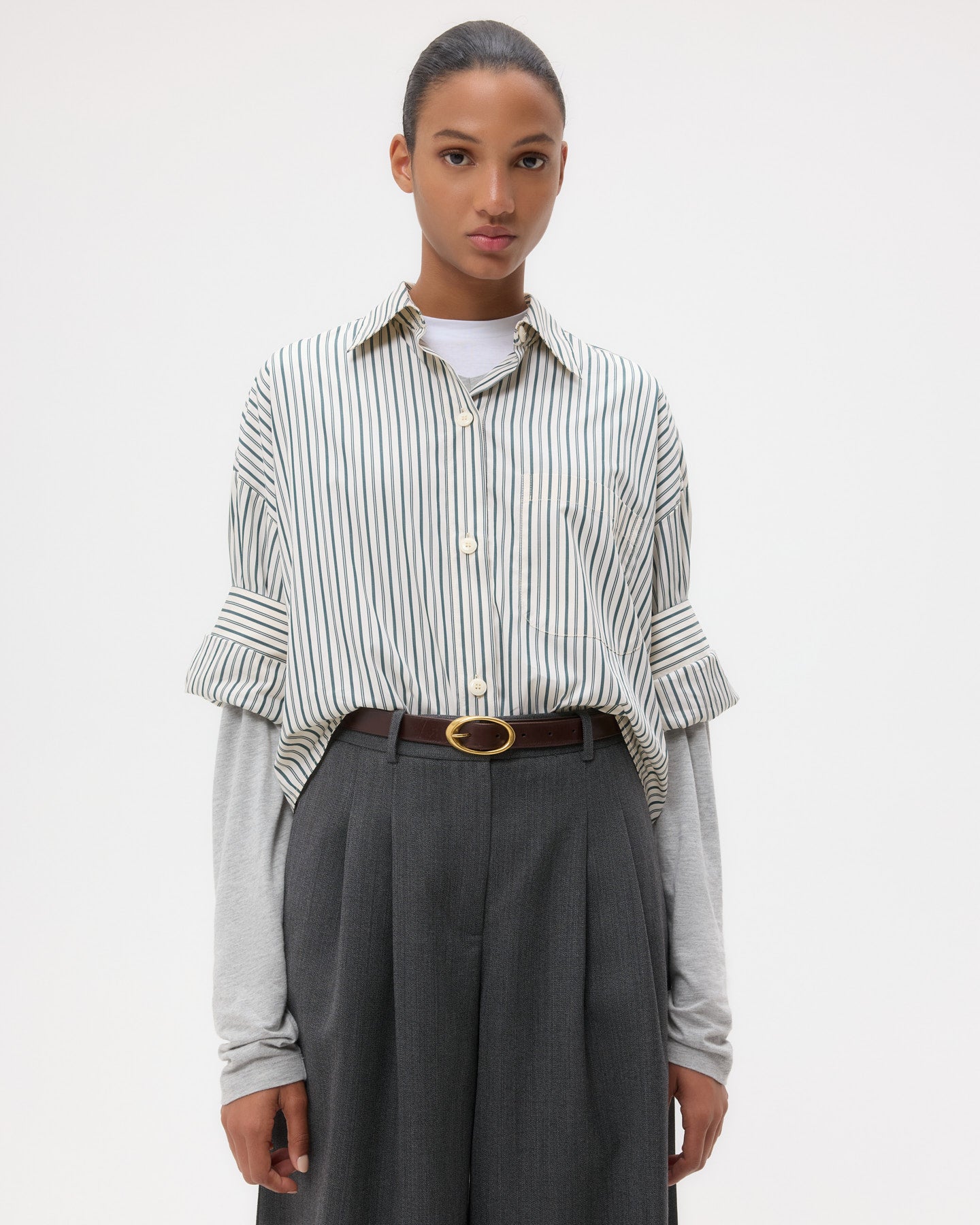 TWP Ivory/cilantro Next Ex Shirt in Dancing Striped Cotton Shirting view 1