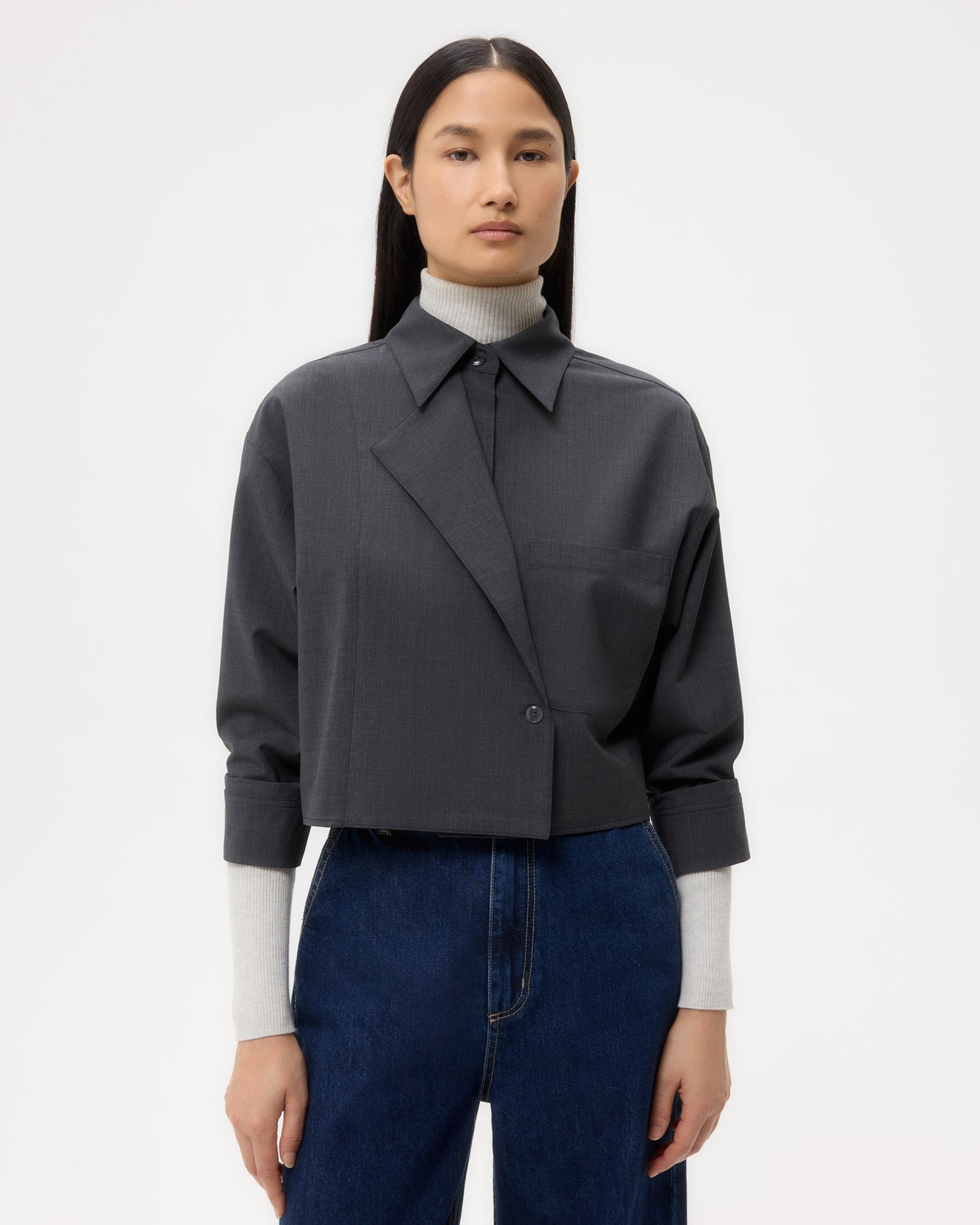 TWP Charcoal Next Chapter Shirt in Micro Herringbone Suiting view 2