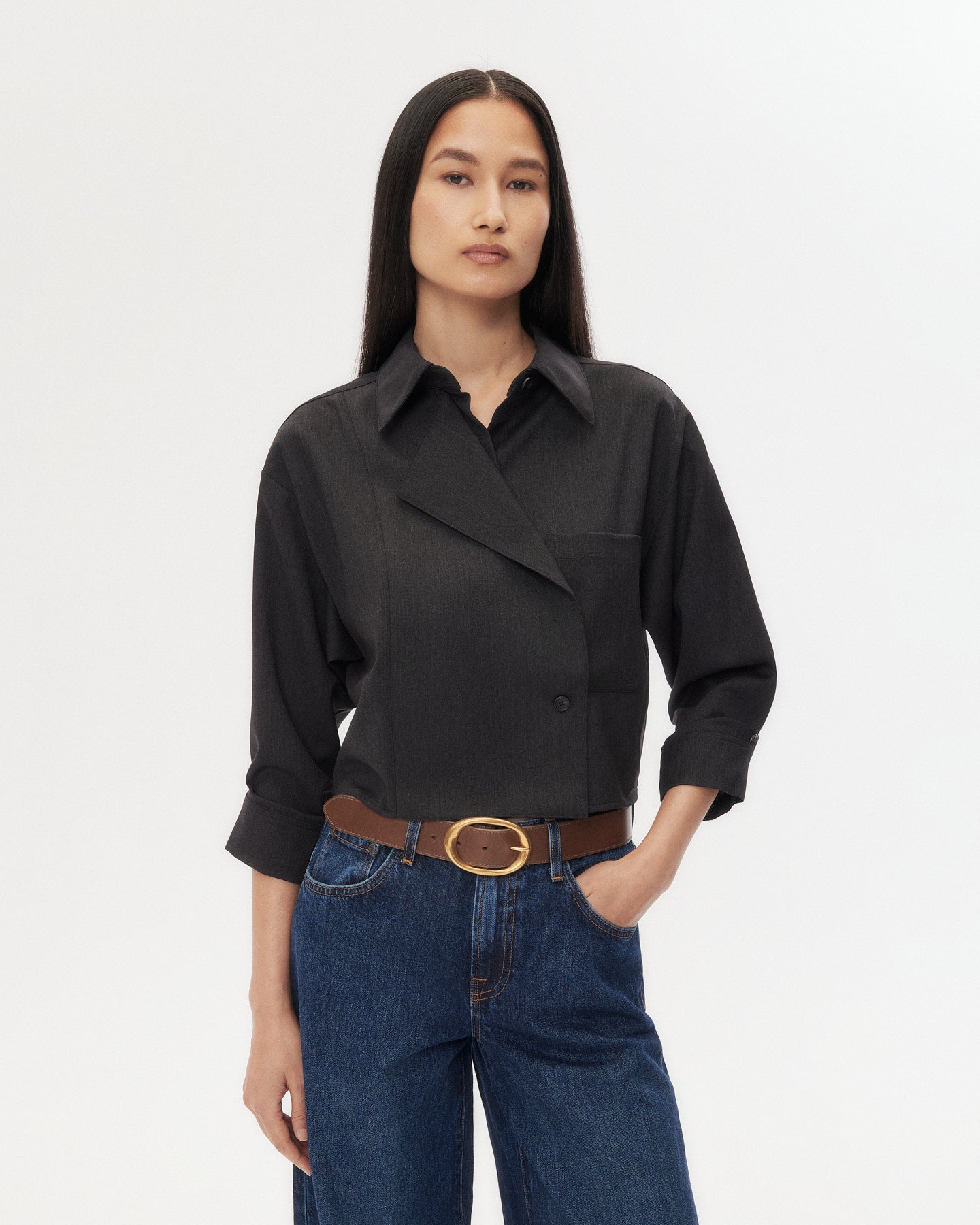 TWP Charcoal Next Chapter Shirt in Micro Herringbone Suiting view 7