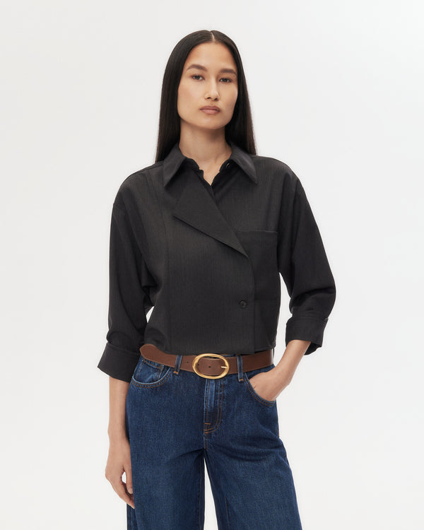 TWP Charcoal Next Chapter Shirt in Micro Herringbone Suiting view 7