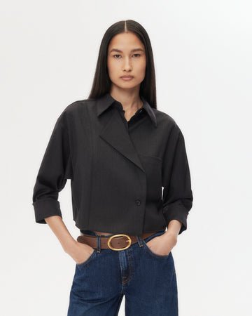 TWP Charcoal Next Chapter Shirt in Micro Herringbone Suiting view 1