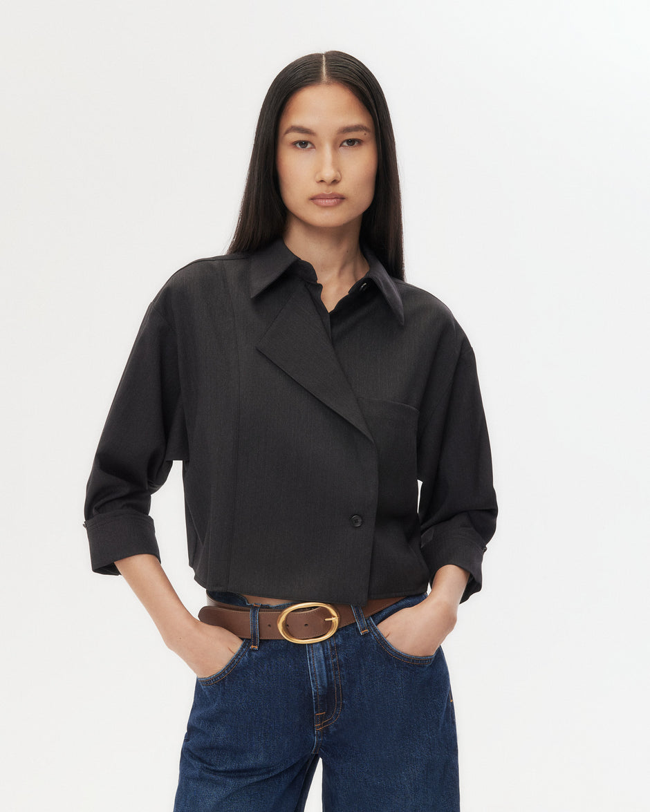TWP Charcoal Next Chapter Shirt in Micro Herringbone Suiting view 1