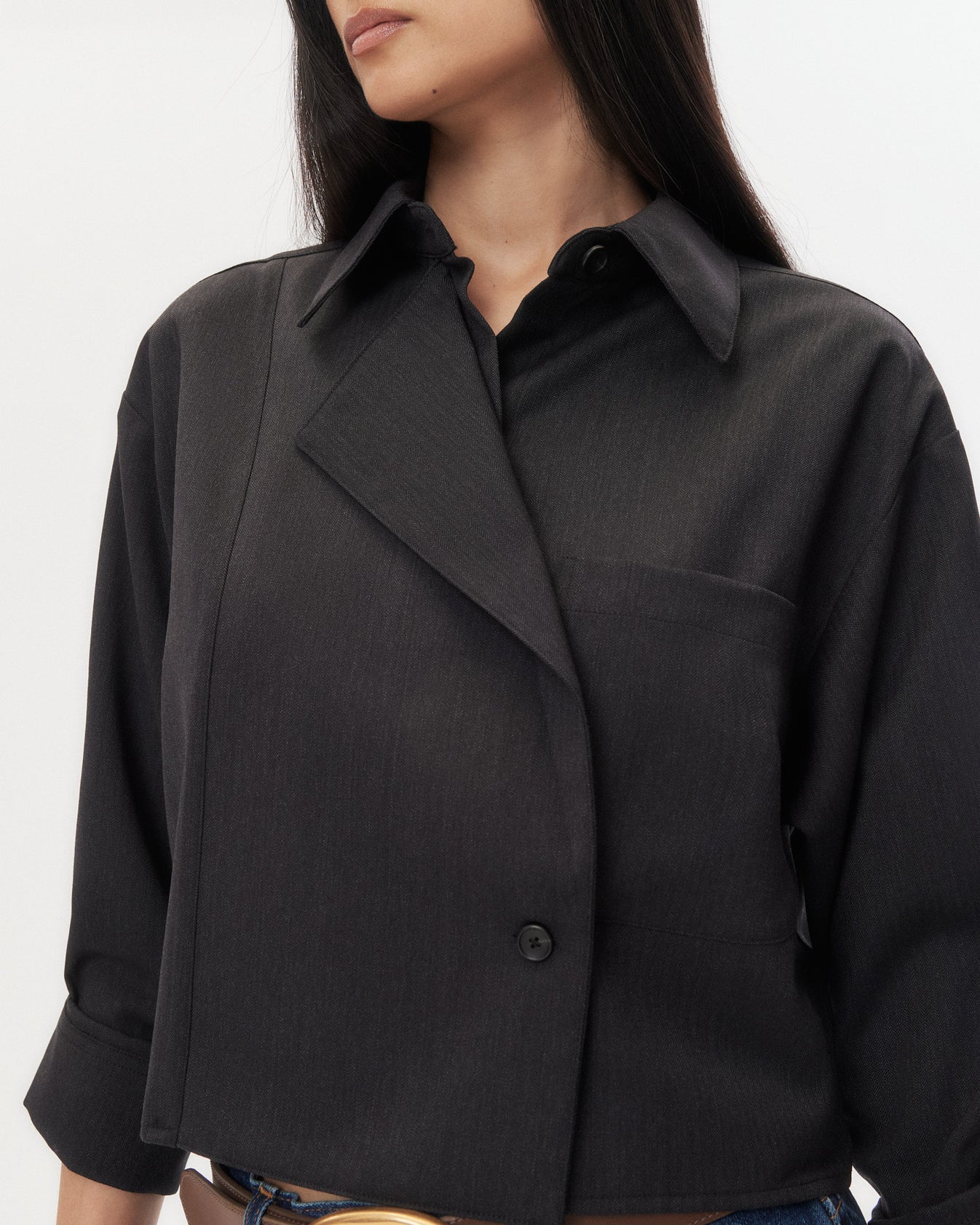 TWP Charcoal Next Chapter Shirt in Micro Herringbone Suiting view 2