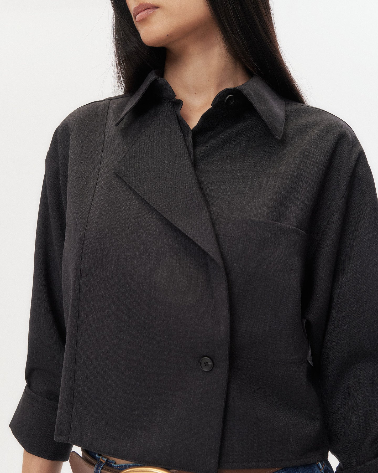 TWP Charcoal Next Chapter Shirt in Micro Herringbone Suiting view 2