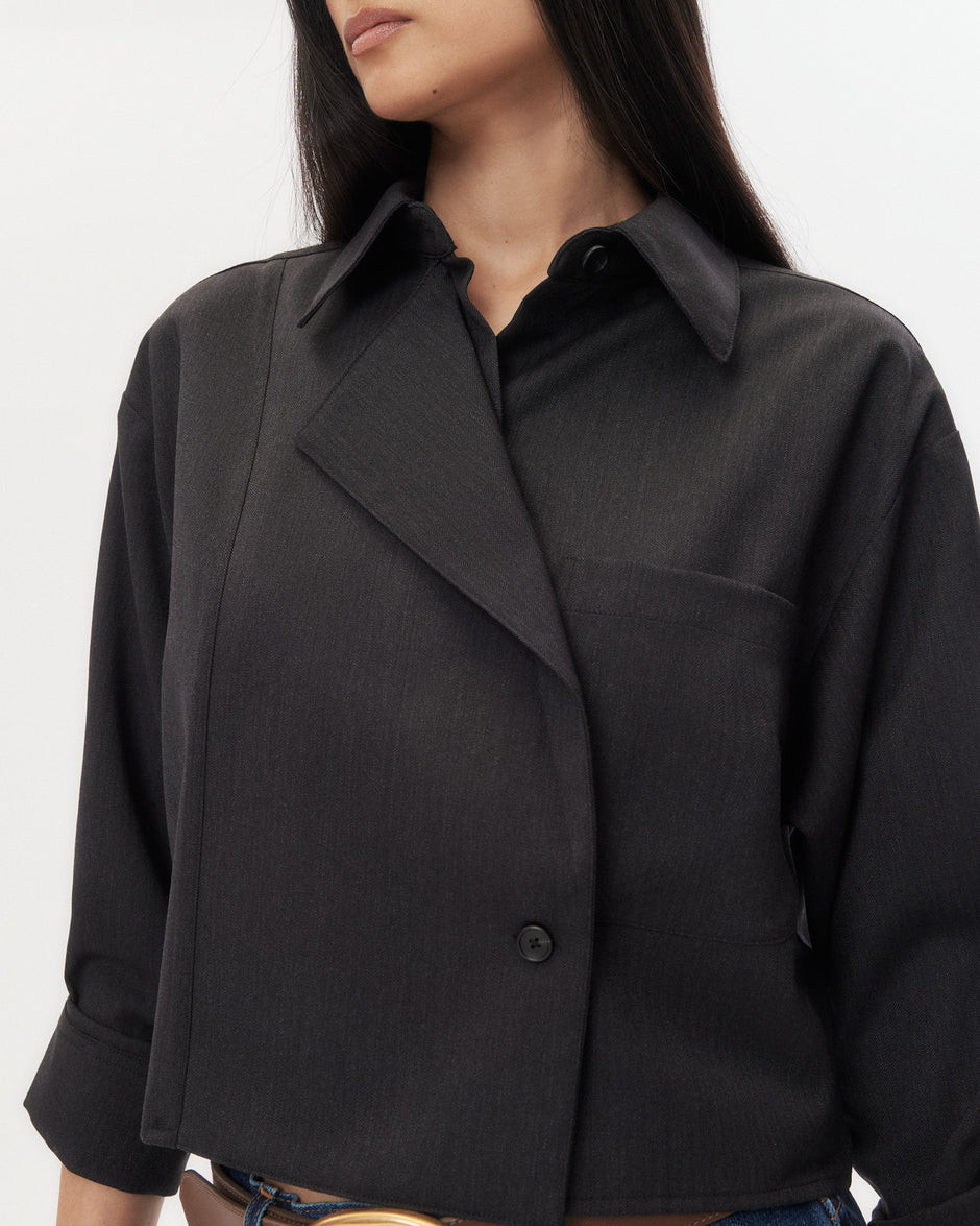 TWP Charcoal Next Chapter Shirt in Micro Herringbone Suiting view 2
