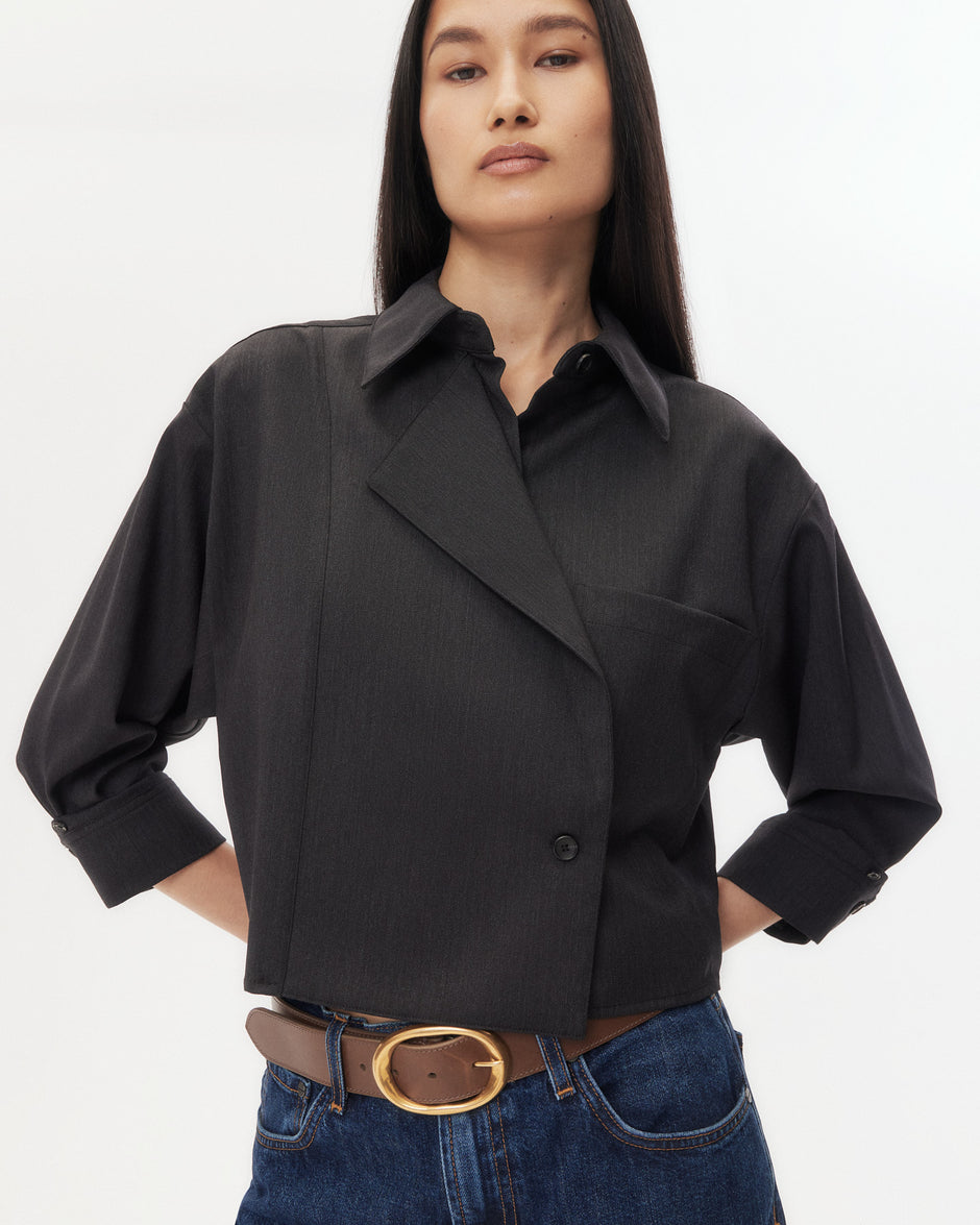 TWP Charcoal Next Chapter Shirt in Micro Herringbone Suiting view 4
