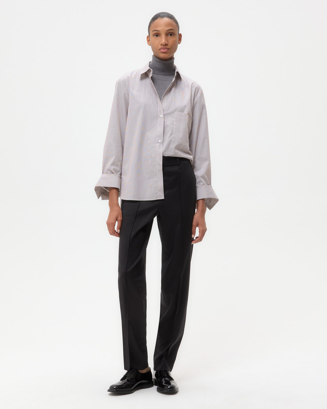 TWP White/chocolate Next Morning Shirt in Superfine Mini Stripe view 2