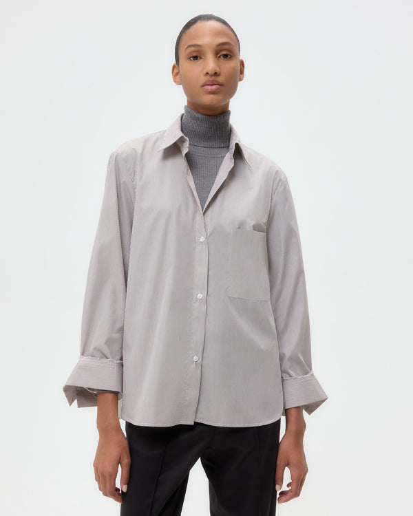 TWP White/chocolate Next Morning Shirt in Superfine Mini Stripe view 1