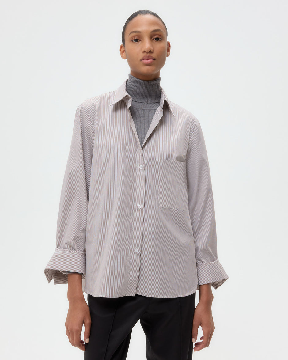 TWP White/chocolate Next Morning Shirt in Superfine Mini Stripe view 1