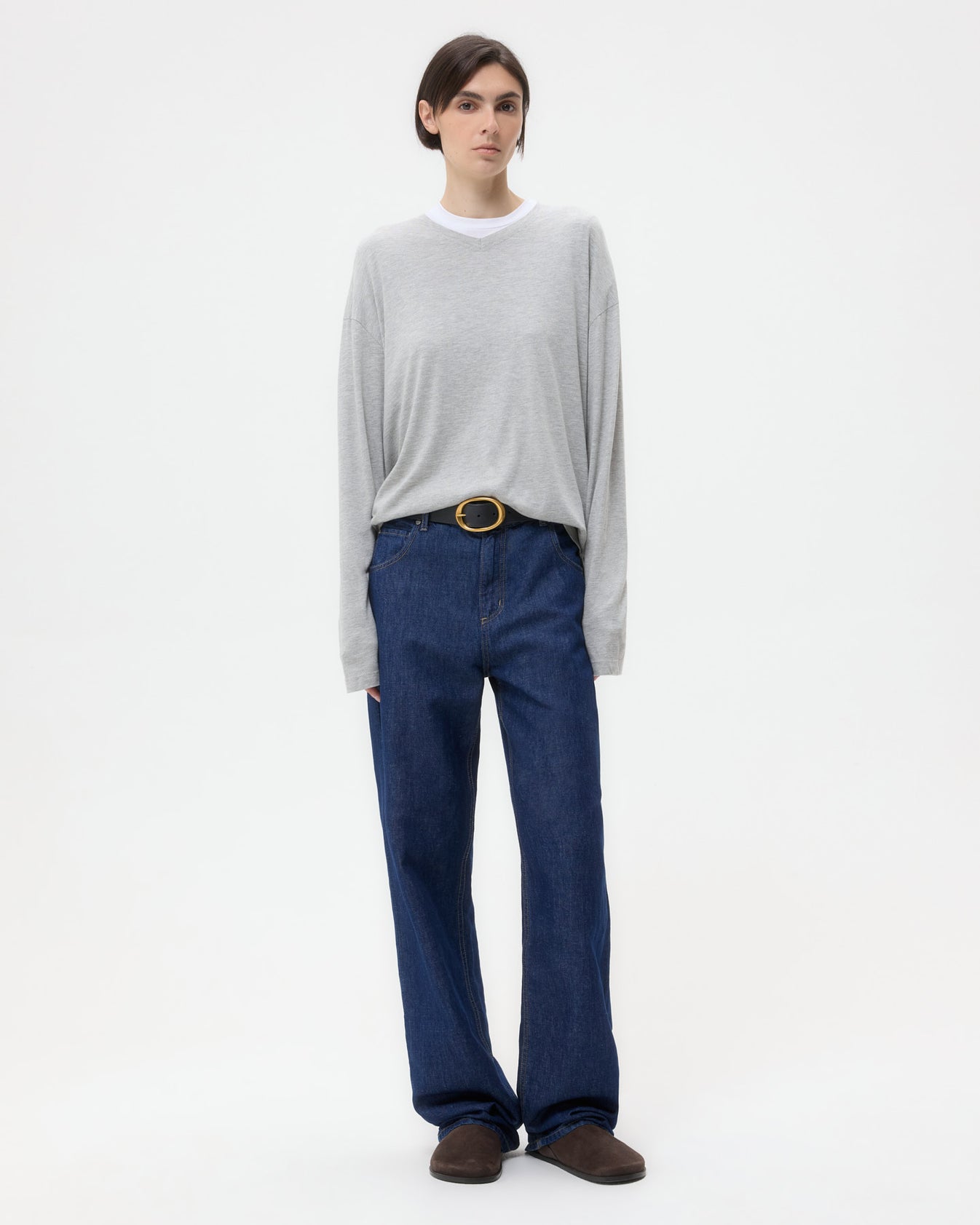 TWP Light heather grey LS High V Shirt in Supima Cotton view 1