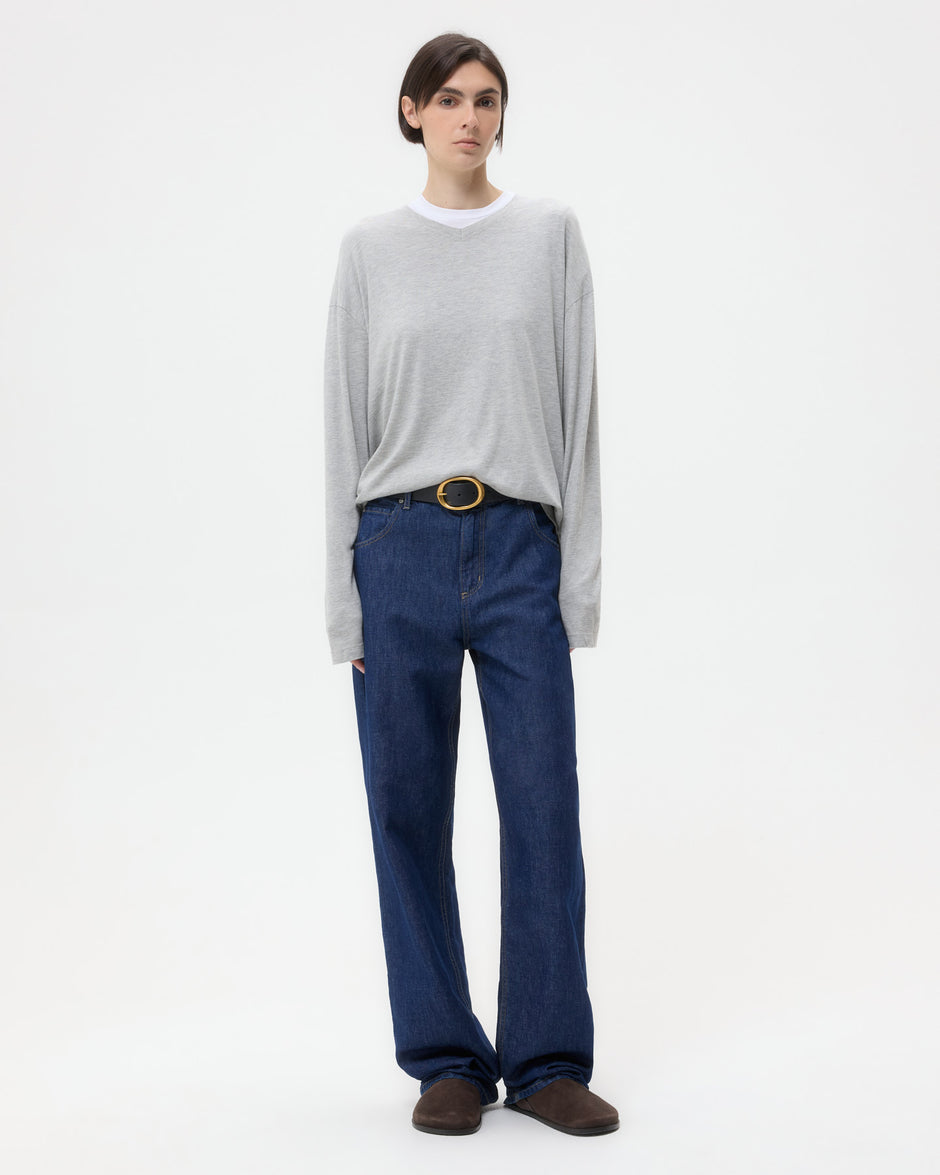 TWP Light heather grey LS High V Shirt in Supima Cotton view 1