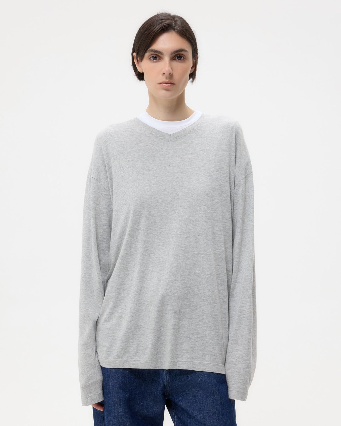TWP Light heather grey LS High V Shirt in Supima Cotton view 3