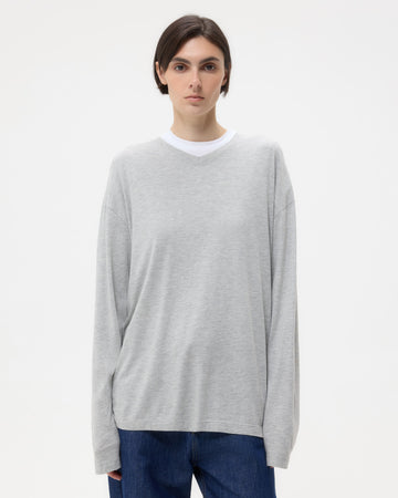 TWP Light heather grey LS High V Shirt in Supima Cotton view 3