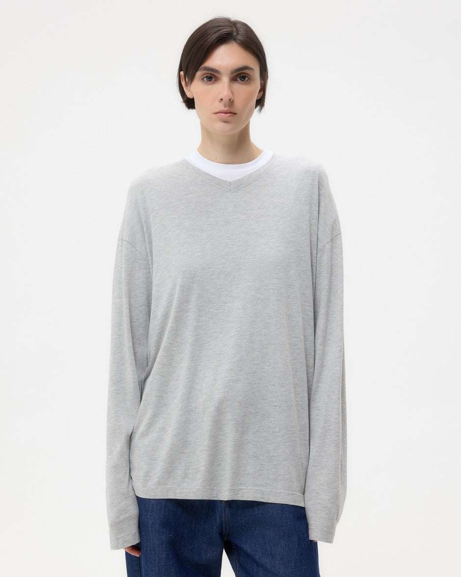 TWP Light heather grey LS High V Shirt in Supima Cotton view 3