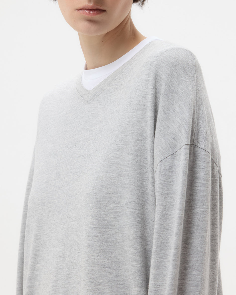 TWP Light heather grey LS High V Shirt in Supima Cotton view 2
