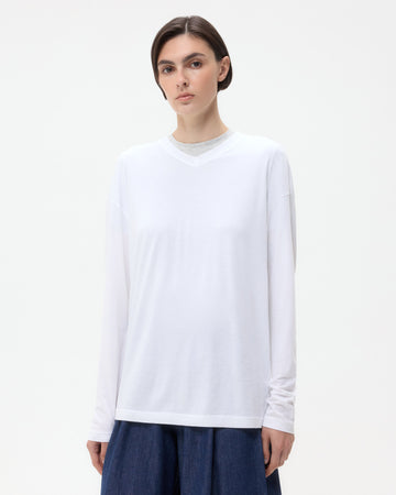 TWP White LS High V Shirt in Supima Cotton view 3