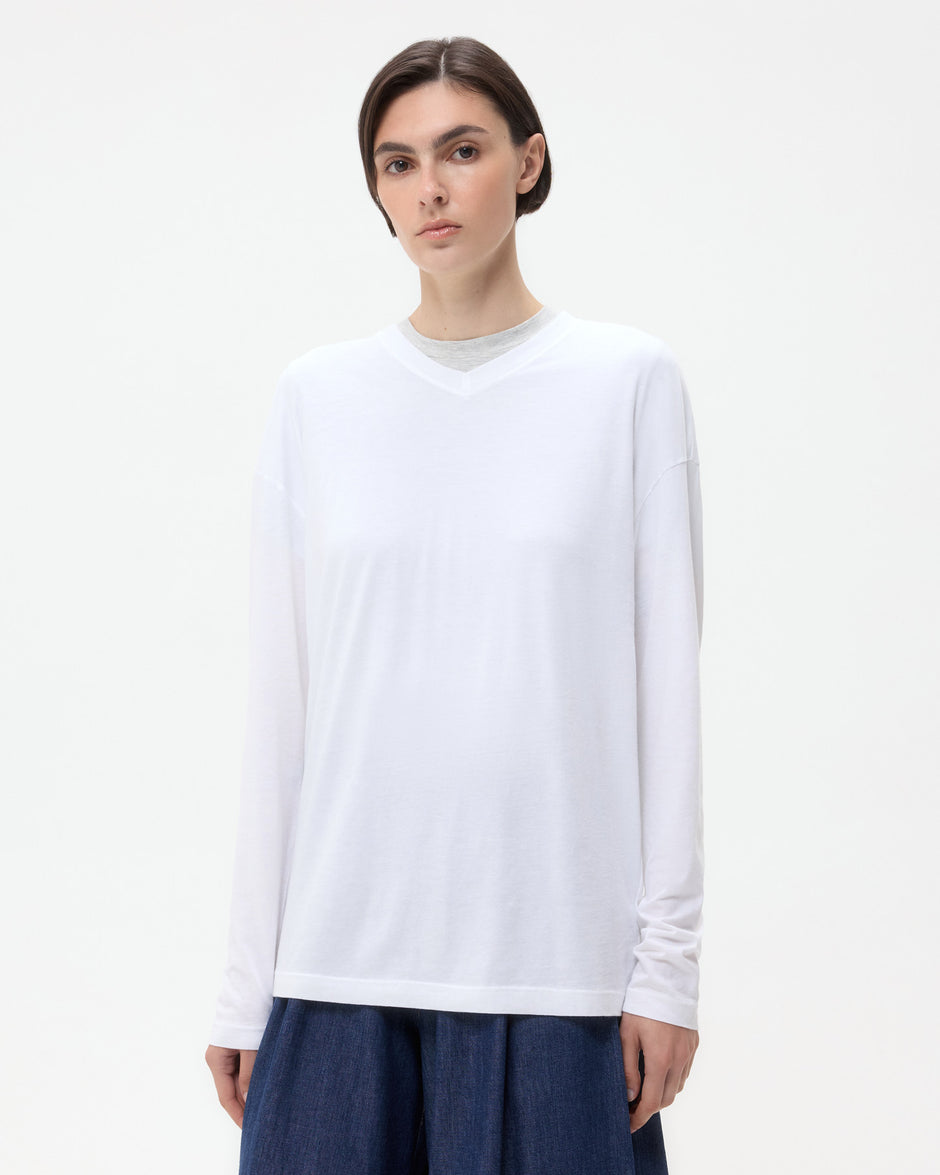TWP White LS High V Shirt in Supima Cotton view 3