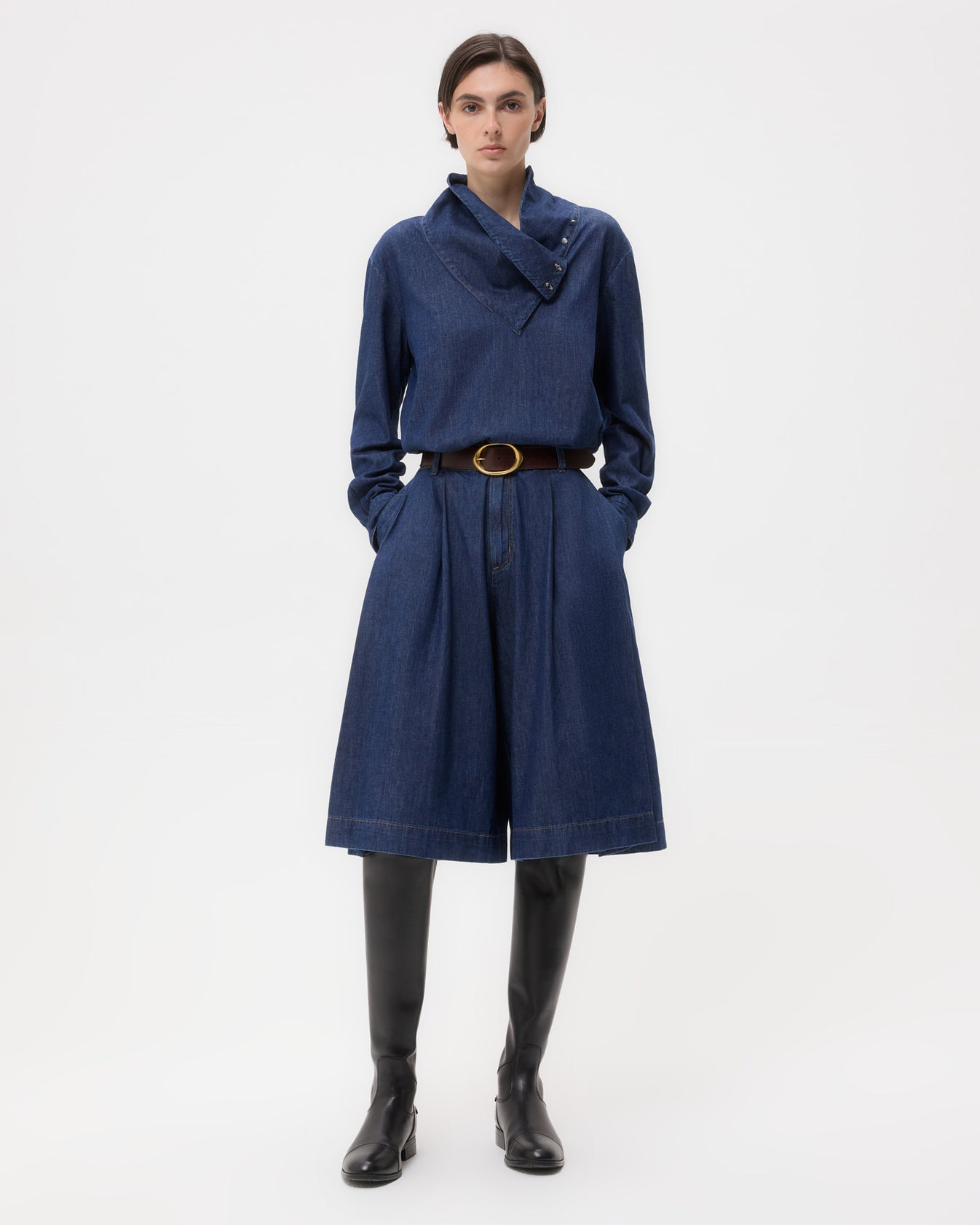 TWP Dark stone Steffens Short in Shirting Denim view 4