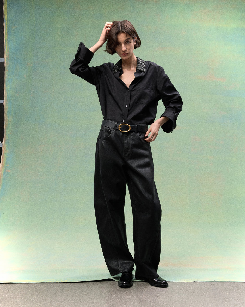 TWP Black Dude Shirt With Crystal Collar in Super Compact Poplin view 1