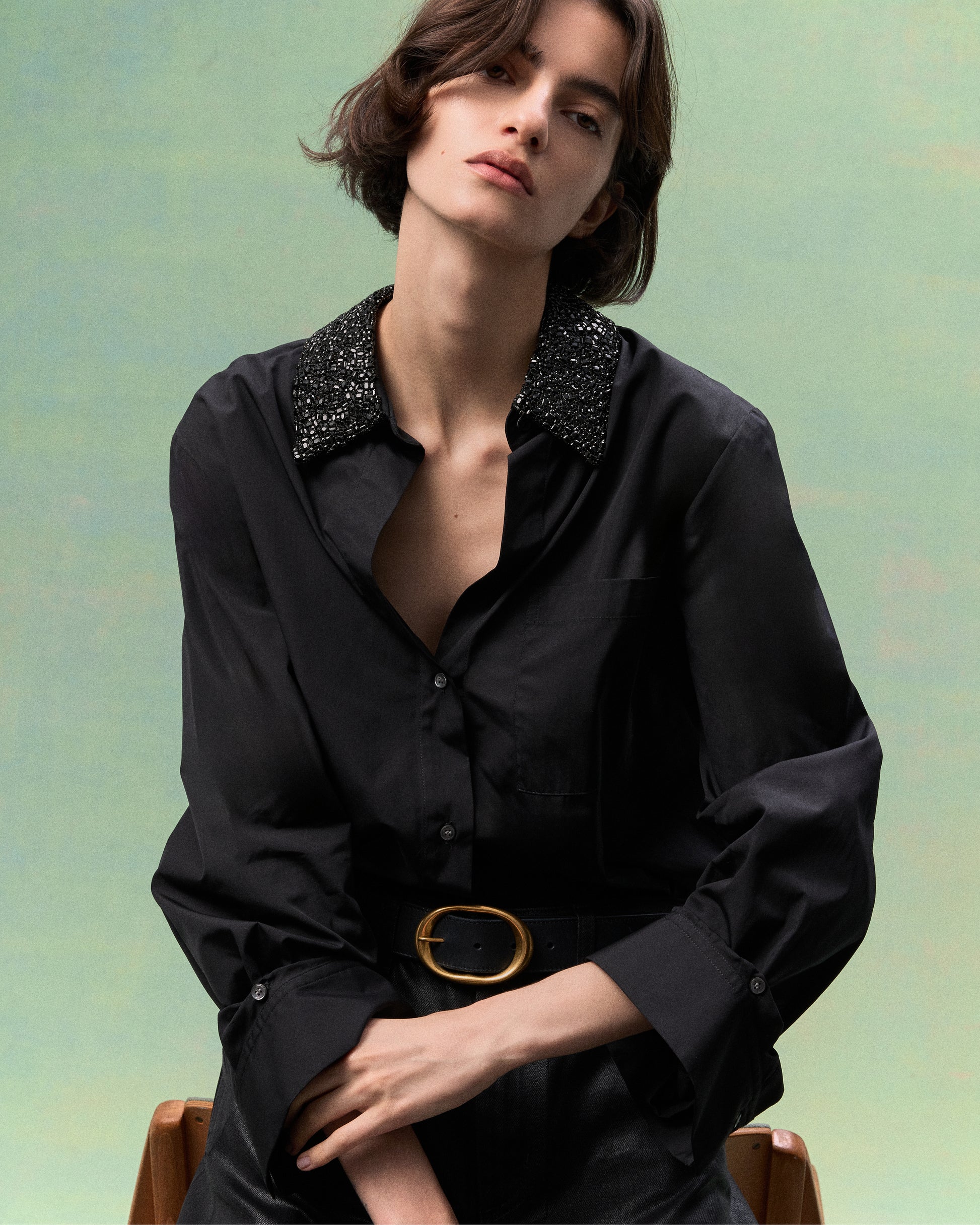 TWP Black Dude Shirt With Crystal Collar in Super Compact Poplin view 6