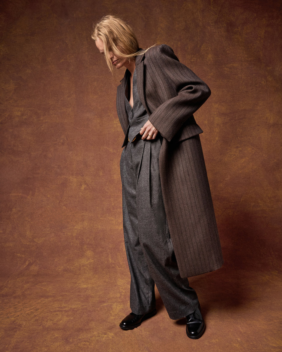 TWP Dark chocolate Mattie Coat in Dotted Stripe Suiting view 1