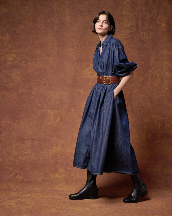 TWP Indigo resin Mason Dress in Denim Shirting view 6