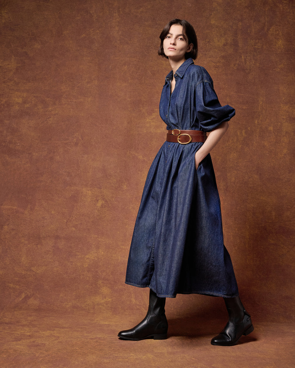 TWP Indigo resin Mason Dress in Denim Shirting view 1