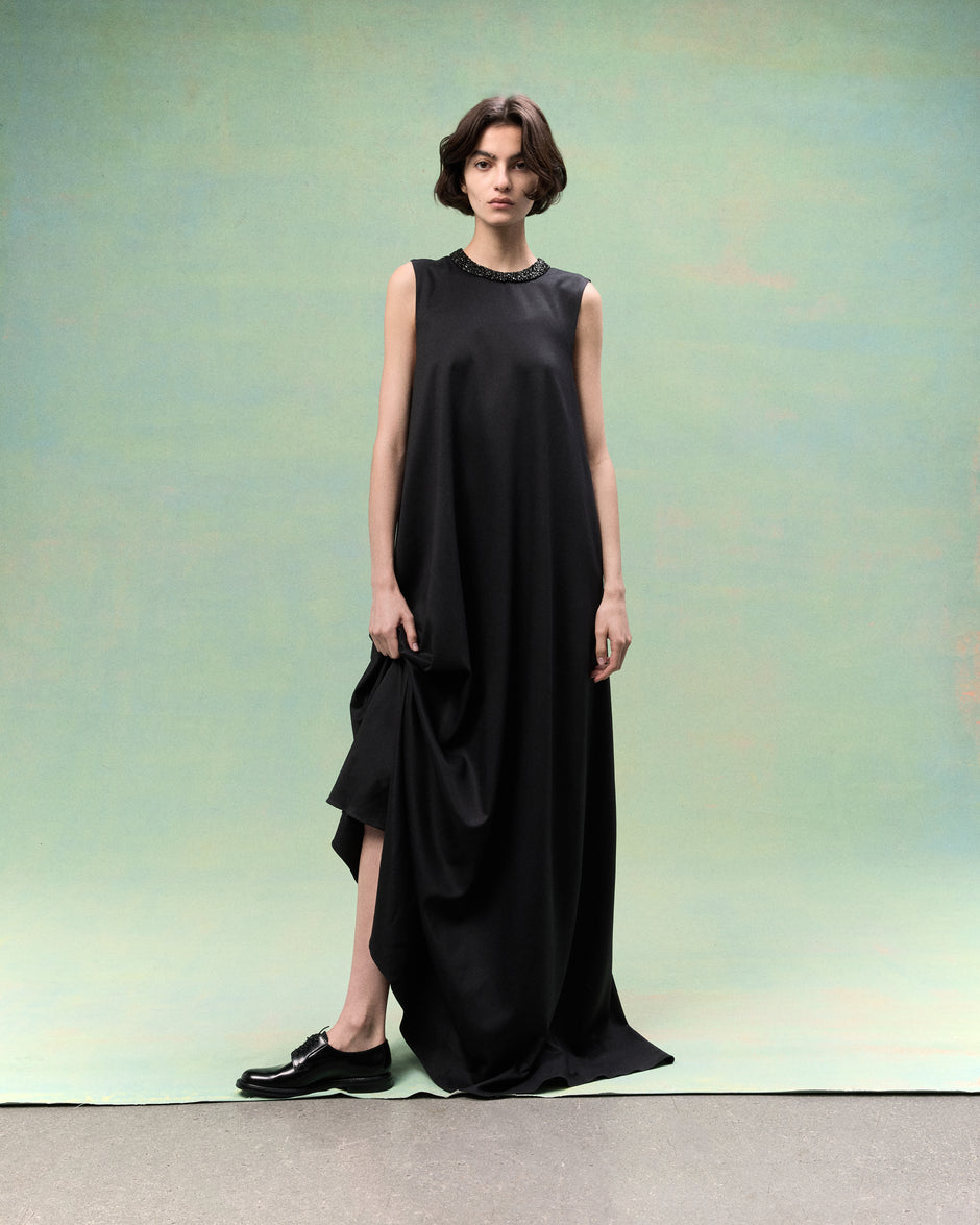 TWP Black Capitol Dress With Crystal Collar in Silk Finish Twill view 1