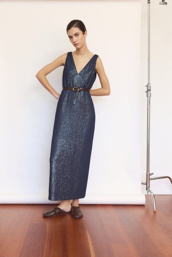 TWP Dark navy Deep V Dress in Chiffon Encased Pailettes view 6
