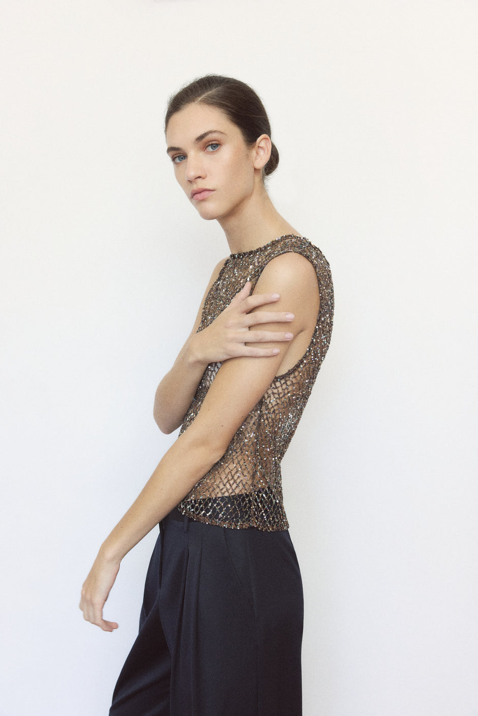 TWP Gold Chloe Top with Sequin on Netting view 1