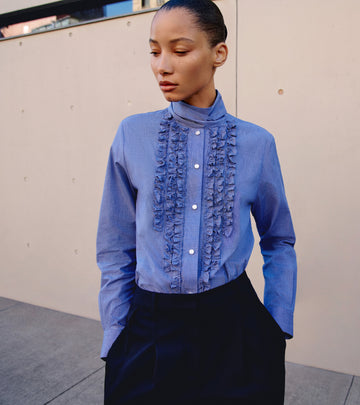 TWP White / navy Connor Top in Micro Check view 1