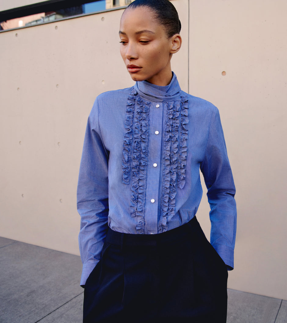 TWP White / navy Connor Top in Micro Check view 1