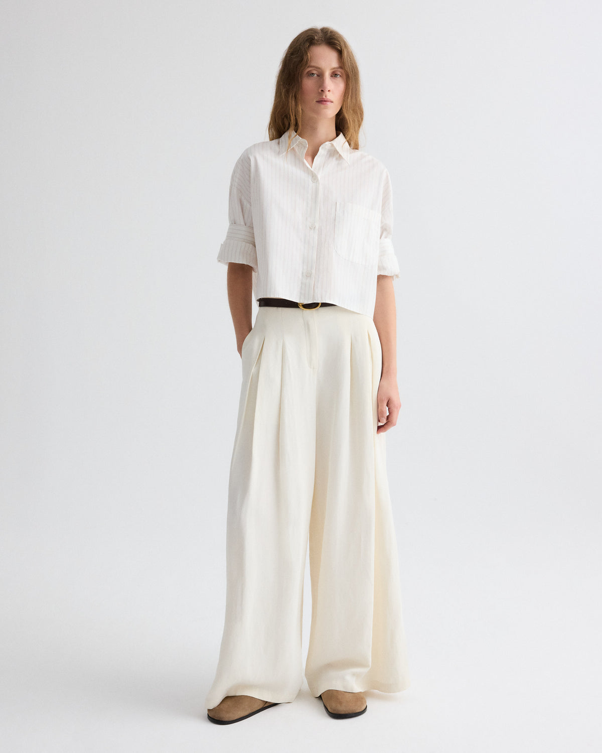 Bone Coated Viscose Linen Drew Pant - Front View, High-Rise Wide Leg | TWP Clothing