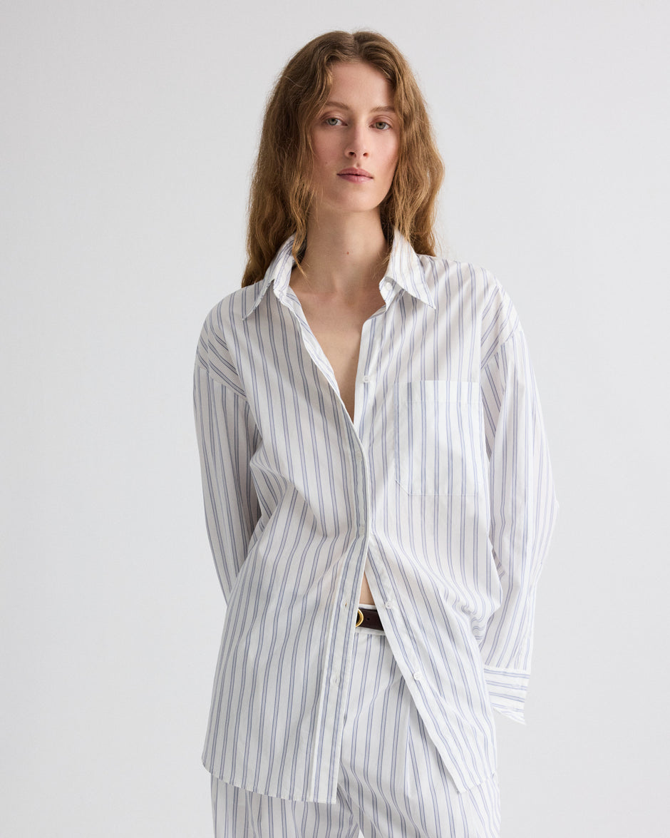 TWP White / midnight Big Joe Shirt in Hairline Stripe view 6