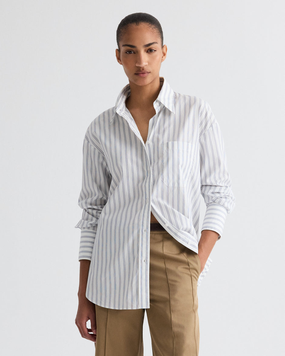 TWP White / midnight Big Joe Shirt in Hairline Stripe view 1