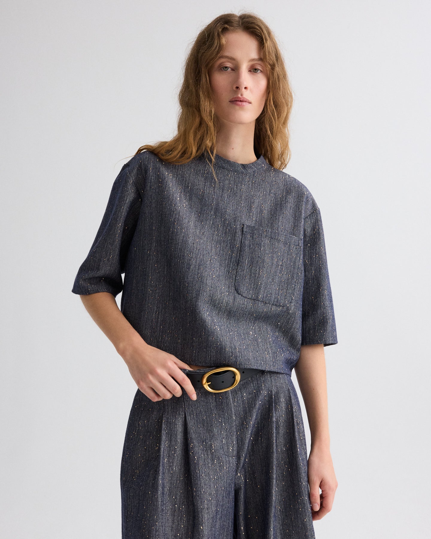 TWP Medium indigo / gold Ex T in Sequined Denim view 2